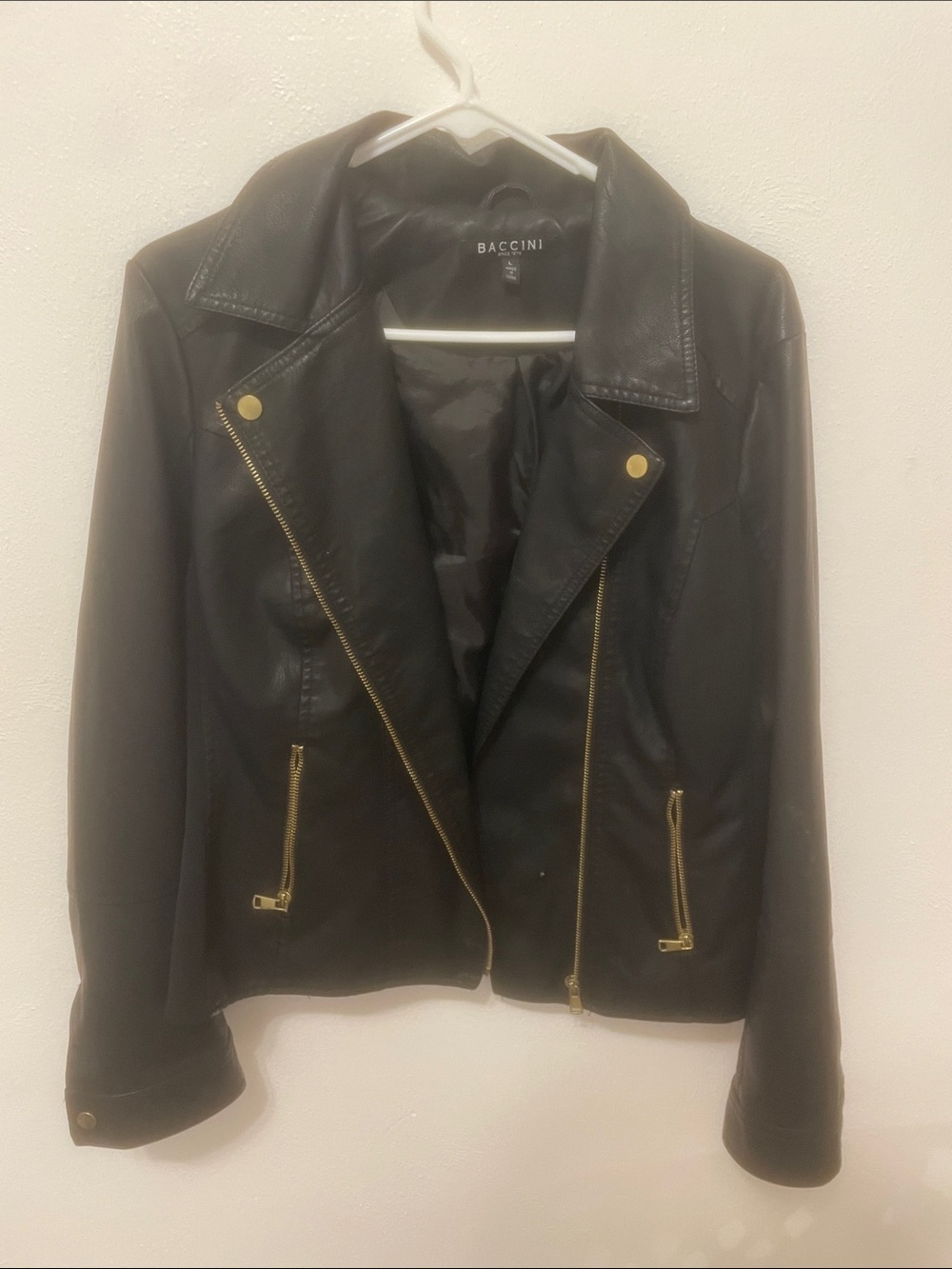 Baccini Black Faux Leather Moto Jacket with Gold Zippers